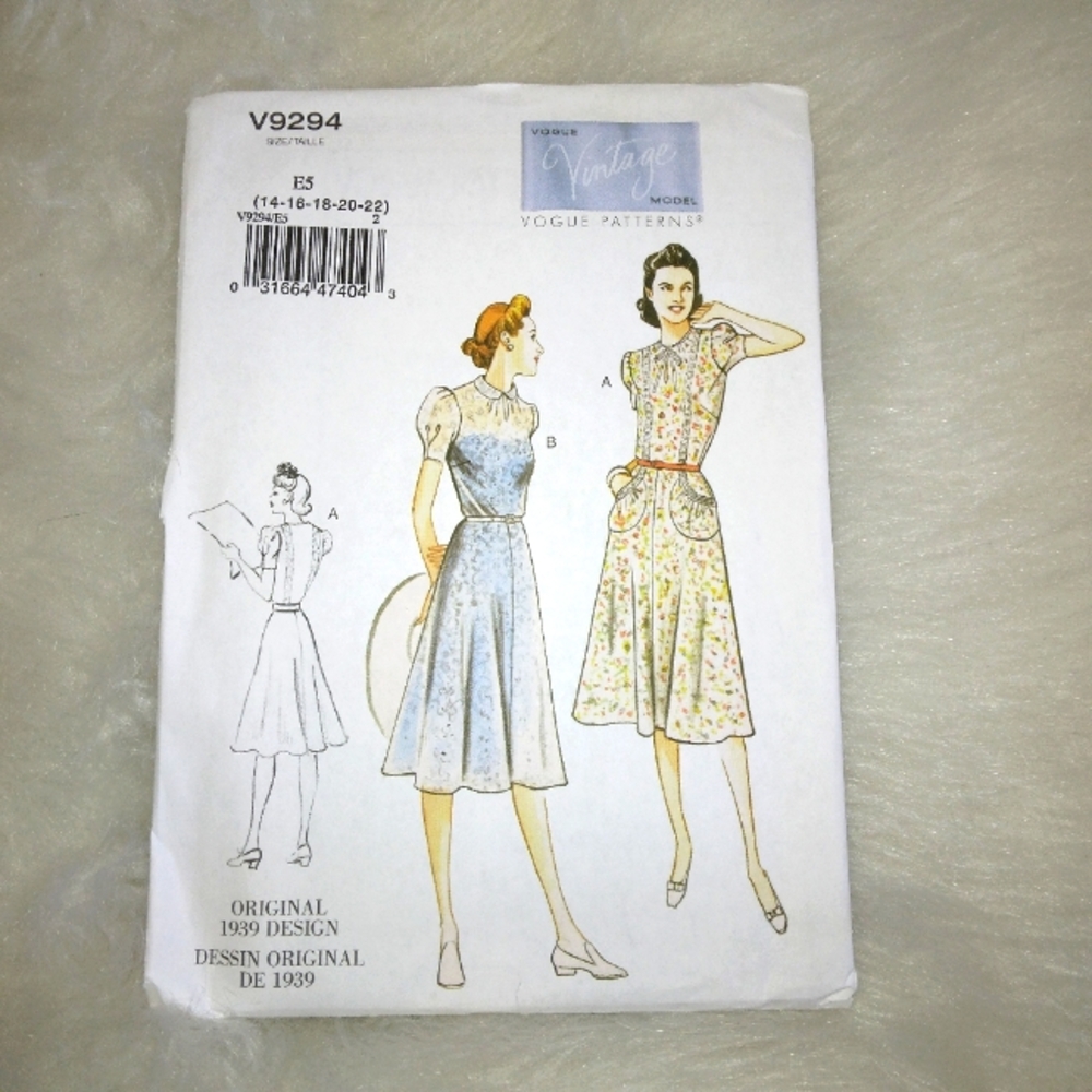 VOGUE V9294 Misses' Dress Original 1939 Design With Cute Pockets
